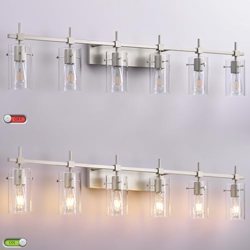 49.2 inch 6 Lights Vanity Light fixtures for Bathroom Vintage Bathroom Light Fixture Brushed Nickel Light Fixtures Above Mirror with Glass Shade