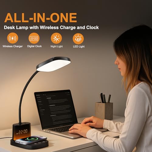 10W Wireless Charging LED Desk Lamp with Clock
