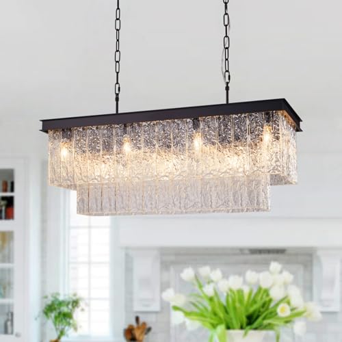 35.4" Black Rectangular Handmade Glass Chandelier Dining Room Kitchen