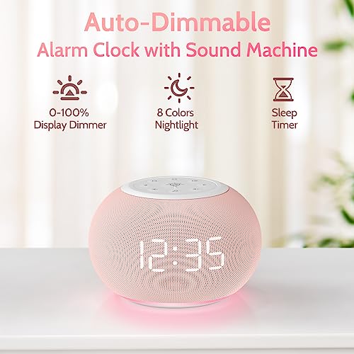 Auto Dimmable Sound Machine Alarm Clock with Night Light for Girls