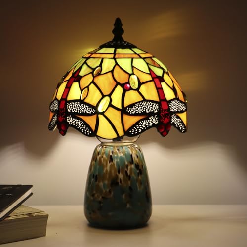 Tiffany Mushroom Table Lamp Dragonfly Style Yellow Stained Glass Accent Lamp Brown Blue Glass Base 8X8X12 Inch