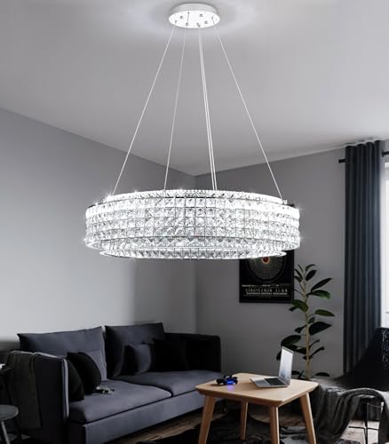 W32 Modern Chandeliers for Living Room LED Dimmable Pendant Lighting High Ceiling Chandelier for Dining Room Foyer Hallway Crystal Rectangle Light Fixtures Silver