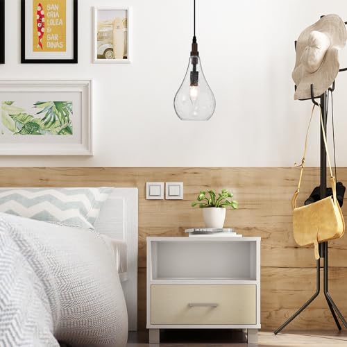Farmhouse Wood Bubble Seeded Glass Pendant Light Adjustable Industrial Pendant Lighting Fixtures for Kitchen Island Dining Room Bedroom Entryway Sink