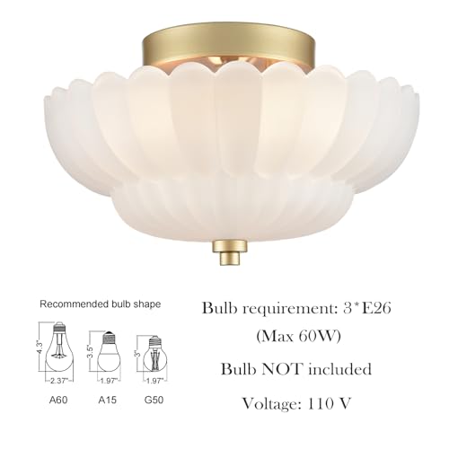 Gold Flush Mount Ceiling Light with Scalloped Frosted Milk Glass