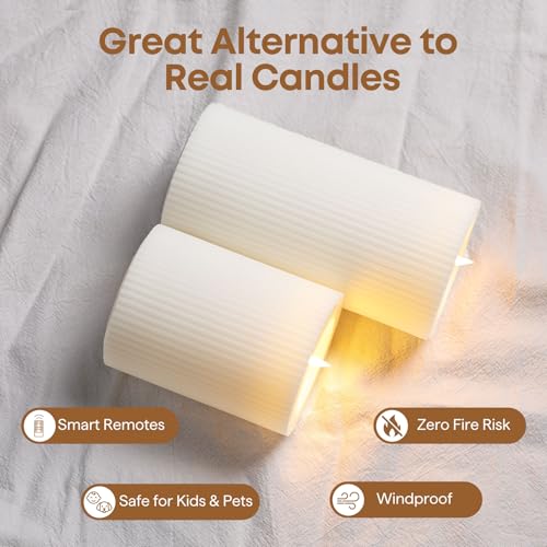White Ribbed Moving Flame Flameless Pillar Candles with Remote (White)