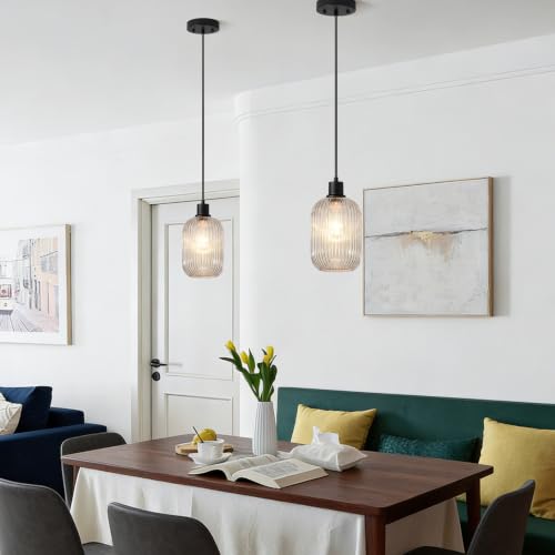 2 Pack Pendant Lights with Vintage Clear Ribbed Glass Lampshade (2 Count)