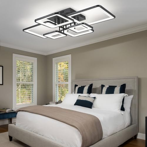 Modern LED Ceiling Light Fixture Black Kitchen Lighting Fixtures Ceiling for Bedroom 31.5" Dimmable 6 Ring Square Ceiling Light for Kitchen with Remote Control for Living Room