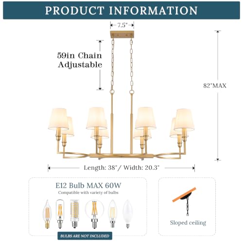 8 Light Candelabra Chandelier Dining Room Gold Linen Chandeliers 38in
