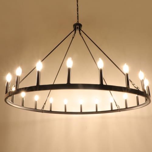 47'' 20 Light Large Black Wagon Wheel Chandelier for Living Room