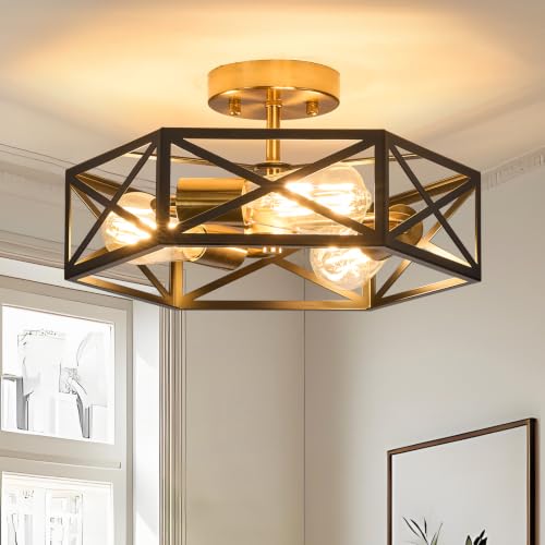 Farmhouse Black and Gold Semi Flush Mount Ceiling Light 14.6 Inch (Black and Gold / 14.6 Inch)