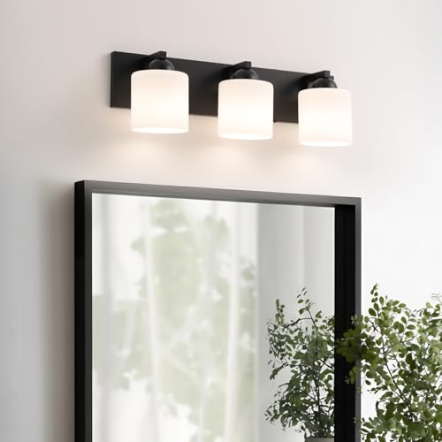 3 Light Black Bathroom Vanity Light with White Glass Shades