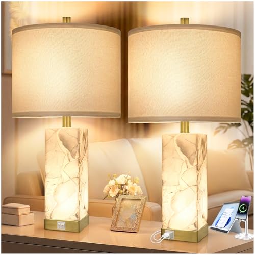 23" Alabaster Table Lamp Set of 2 for Living Room with Night Light (2 Count)