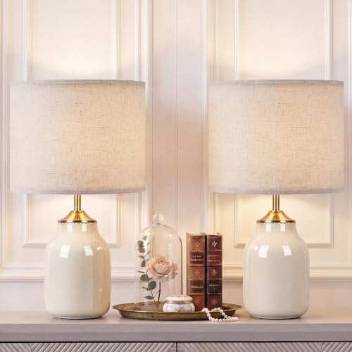 Set of 2 21" Beige Ceramic Table Lamps with Linen Shades (2 Count)