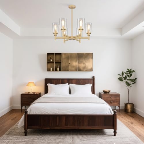 6 Light Gold Farmhouse Chandeliers for Dining Room Light Fixture 25"