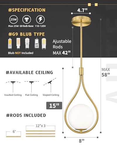 1 Light 8 Inch Glass Brushed Gold Pendant Lights Kitchen Island