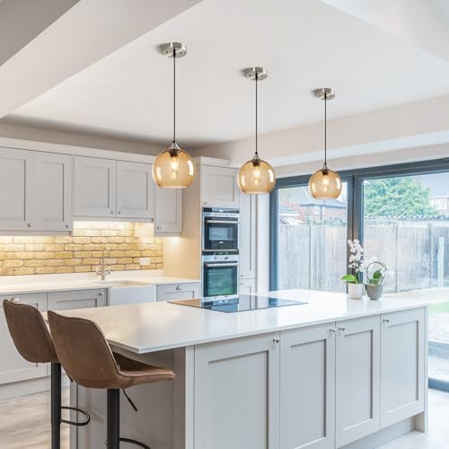 Light Brown Glass Pendant Lights Kitchen Island Lighting Globe Pendant Light Fixtures Modern Pendant Lighting for Bedroom Living Dining Room Light Fixture (2 Count)