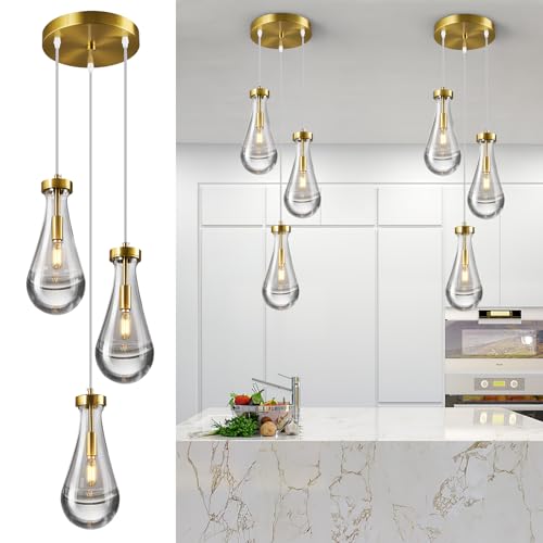 Raindrop Pendant Lights Kitchen Island Teardrop Gold Hanging Light Fixtures Clear Solid Glass Pendant Light Modern Chandeliers for Dining Room Porch Corridor Living Room