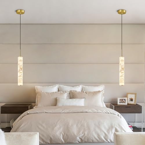 Natural Alabaster Pendant Lights for Kitchen Island White Marble Long Tube Chandelier 4000K Modern Gold Ceiling Light Fixtures for Bedroom Dining Room Table Living Room Hallway