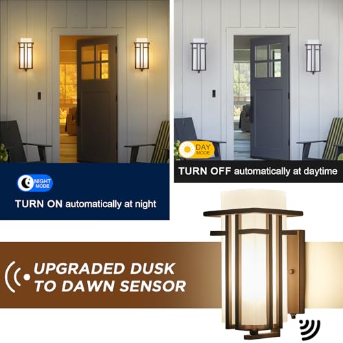 Oil Rubbed Bronze Porch Light Dusk to Dawn Outdoor Sconce Matte Brown Wall Lantern with Frosted Glass Outside House Lighting Waterproof Exterior Light Fixture for Patio Yards Garage Front Door