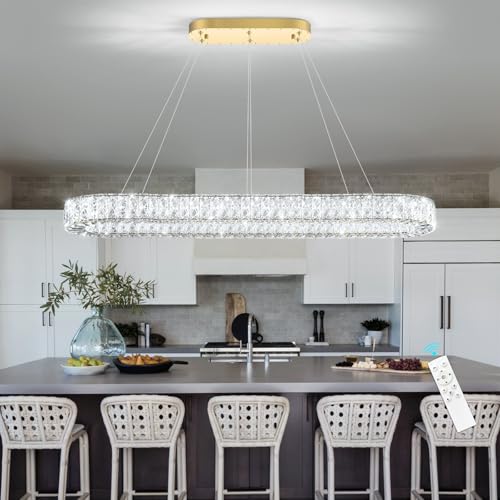 Modern Oval Chandelier Rectangular K9 Crystal Chandeliers for Dining Room Dimmable LED Light Fixture with Remote for Living Room Kitchen Light Gold