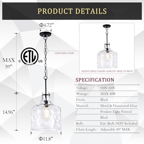 16" Farmhouse Hammered Glass Pendant Light