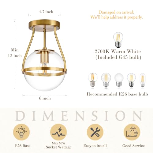 6" Globe Semi Flush Mount Ceiling Light Fixture Modern Gold Semi Flush Mount Ceiling Light Mid Century Ceiling Light with Clear Glass Shade Brass Finish for Hallway Bathroom Foyer