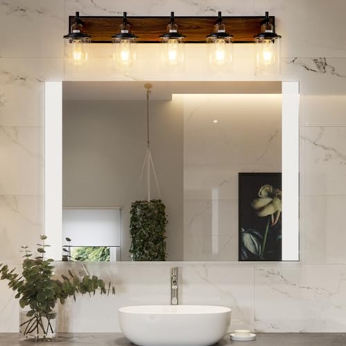 5 Light Farmhouse Bathroom Light Fixtures Vintage Bathroom Vanity Lights Over Mirror Black and Wood Painted Metal Vanity Light for Bathroom with Glass Shades E26 Socket