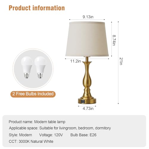 Bedside Table Lamp Touch Control Bedroom Lamps with USB A and C Charging Port 3 Way Dimmable Touch Lamps for Nightstand Living Room Bedroom Dorm Home Office Reading (2 Count)