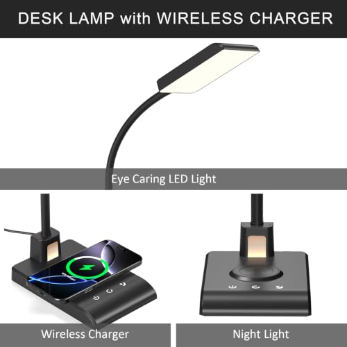 Desk Lamp with Wireless Charger and Night Light for Home Office (Glossy Black)