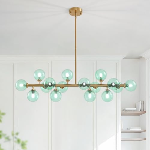 Mid Century Modern Gold Chandelier with Green Glass Rectangle Pendant Fixtures Linear Sputnik Chandeliers for Kitchen Island Dining Room Over Table