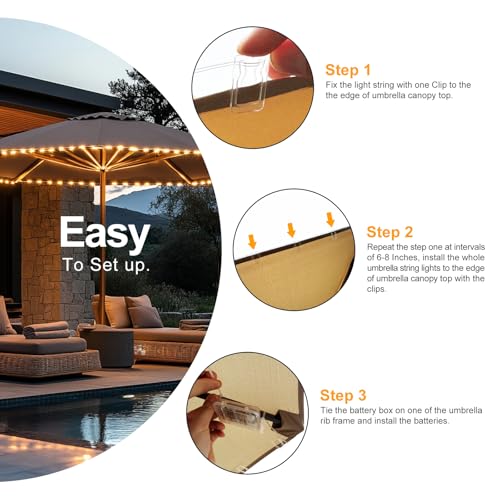 Patio Umbrella Lights Cordless LED Market Table Umbrella Lights with Remote Control Battery Operated Waterproof Parasol String Lights
