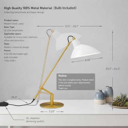 Desk Lamp Modern Industrial 100% Metal Adjustable Table Lamp 24"