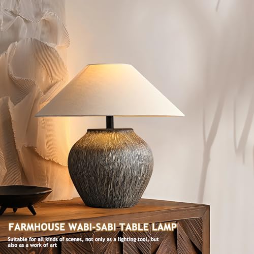 Rustic Table Lamps Brown 20.8”Tall Ceramic Lamp Southwestern Farmhouse Lattice Ceramic Lamp Body with Beige Linen Shade Nightstand Lamp for Bedroom Living Room Home Office