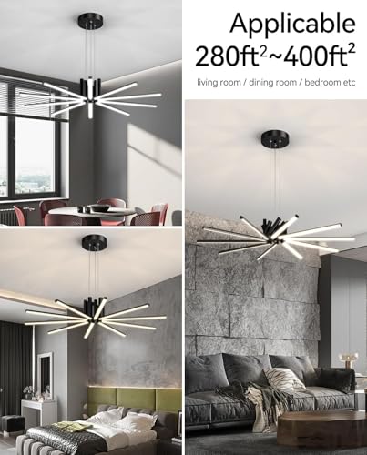 Modern Led Chandelier, Dimmable Sputnik Light Fixture with Remote Control, Modern Pendant Light for Dining Room Kitchen Living Room Entryway, 3000K-6500K (Black)