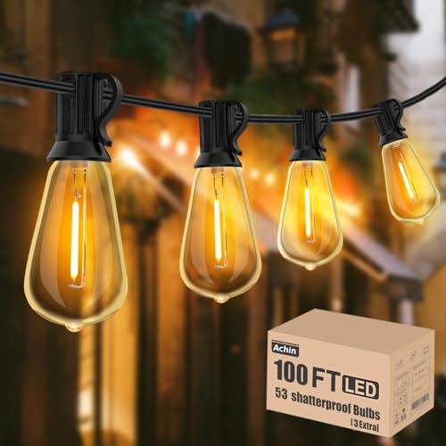 100FT Outdoor String Lights LED Dimmable Patio Lights String Waterproof with 50+3 Shatterproof Bulbs ST38 Vintage String Lights for Outside Gazebo Bistro Lights