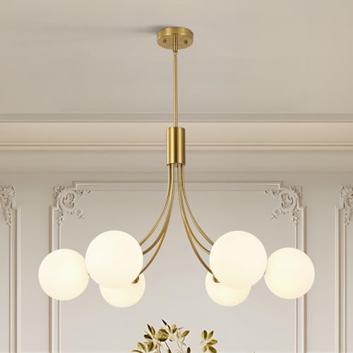 6 Light Modern Gold Sputnik Chandelier Mid Century Brushed Brass Light Fixture with Milk Glass Globes for High Ceiling Dining Room Kitchen Island Living Room