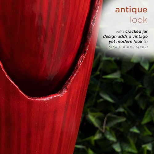 DIG100XS-RD | 33"H Outdoor Vintage Cascading Antique Jar Water Fountain with LED Lights — Garden, Patio & Yard Décor — Red Finish