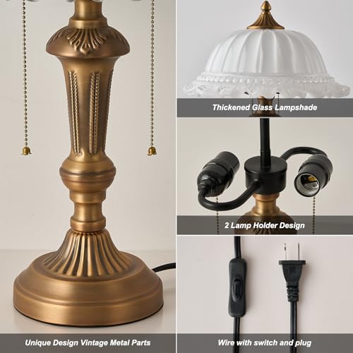 Glass Shade Table Lamp 2 Lights Vintage Metal Desk Lamp with Plug Switch for Bedroom Living Room Home Office Brass and White