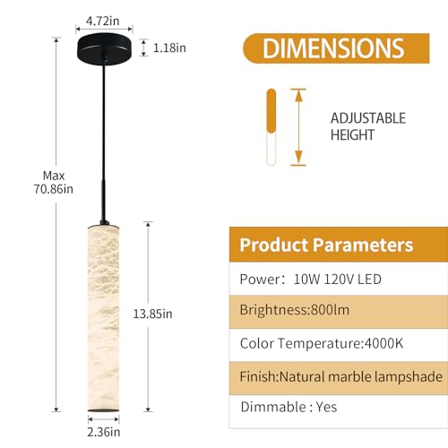 Natural Alabaster Pendant Lights for Kitchen Island White Marble Long Tube Chandelier 4000K Modern Black Ceiling Light Fixtures for Bedroom Dining Room Table Living Room Hallway (3 Count)