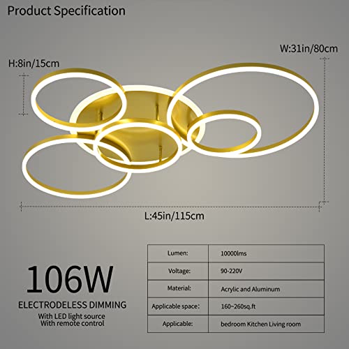 Modern LED Ceiling Light Gold Dimmable 5 Rings Flush Mount Ceiling Light Fixtures with Remote Control 106W 10000LM Ceiling Lighting for Living Room Bedroom Kitchen Dining Room 3000