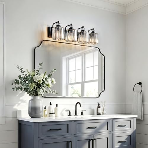 4 Light Black Bathroom Light Fixtures Over Mirror Modern Vanity Lights Crystal Wall Sconce Vintage Bathroom Lighting with Crystal Shade E26 Base for Bedroom