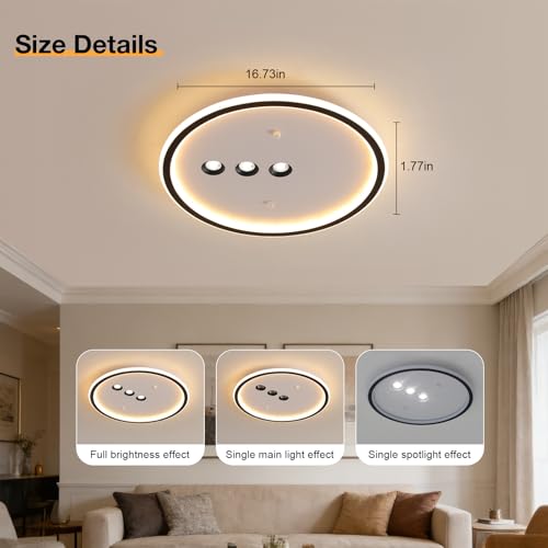 Modern Round LED Flush Mount Ceiling Light with Black Finish & 3 Spotlights