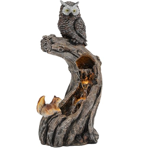 32" H Owl Tree Trunk Outdoor Fountain with Warm LED Lights