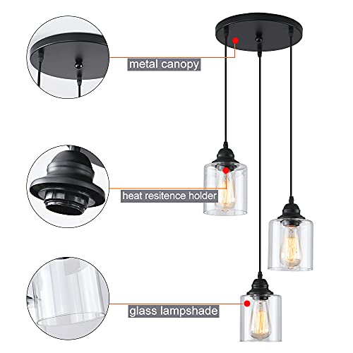 3 Lights Industrial Pendant Light with Glass Shade Matte Black Pendant Lighting Adjustable Industrial Retro Style Hanging Light