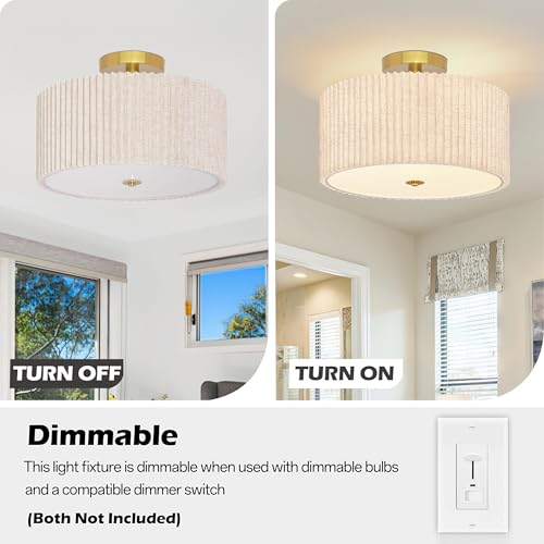 3 Light Semi Flush Mount Lights Fixture Drum Ceiling Light with Pleated Fabric Shade Gold Semi Flush Mount Ceiling Lights 16 Inch Close to Light Fixtures for Living Room Hallway