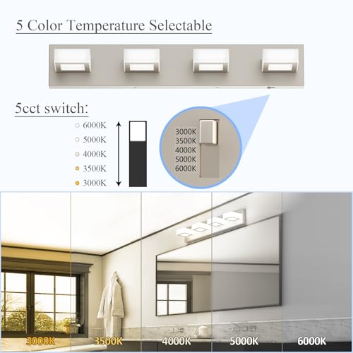 5 Color Temperature Brushed Nickel Vanity Lights for Bathroom Dimmable Acrylic Modern LED Bathroom Lighting Fixtures Brushed Nickel