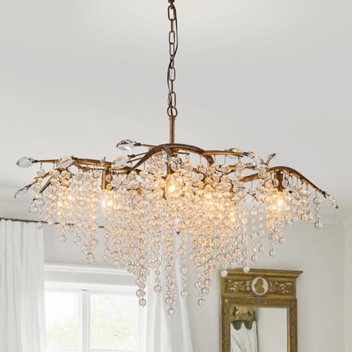 Farmhouse Tree Branch Bronze Crystal Chandelier for Dining Room