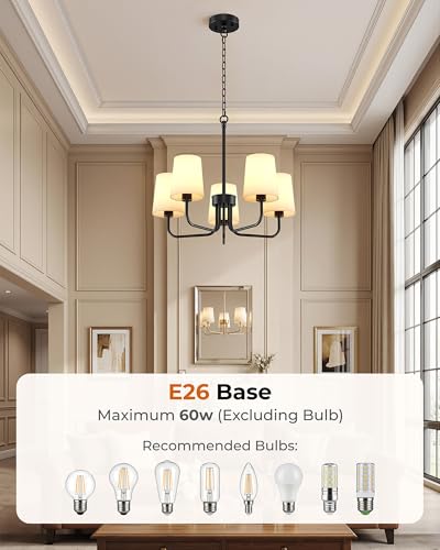 Chandelier, 5-Light Black Farmhouse Chandeliers for Dining Room, Height Adjustable Dining Room Light Fixture with White Fabric Shade, Chandelier for Living Room, Bedroom, Kitchen, Entryway