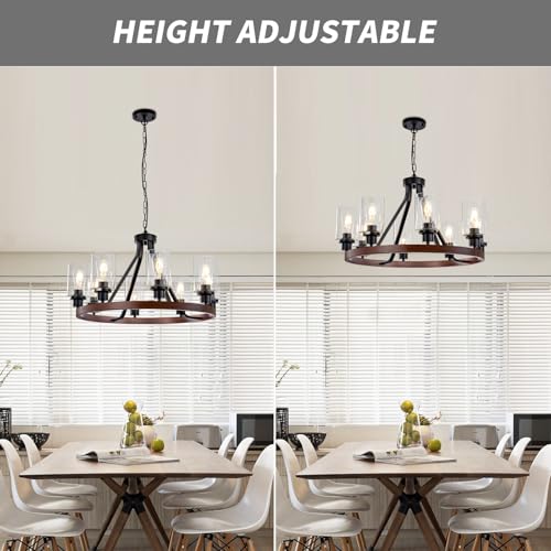 8 Light Farmhose Chandelier for Dining Room Light Fixture Faux Wood Kitchen Pendant Light Round Rustic Ceiling Hanging Lighting with Glass Globes Adjustable Height Metal E26