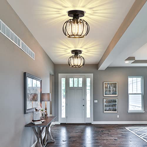 2 Pack Semi Flush Mount Ceiling Light Fixture Modern Small Crystal Chandelier Mini Indoor Ceiling Lamp for Bathroom Hallway Foyer Porch Hall Closet（Black） (2 Count)